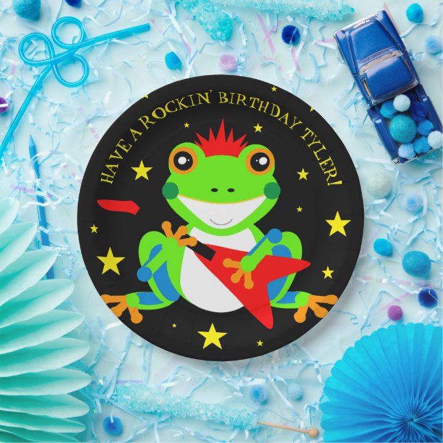 Plato De Papel Rana de árbol de cumpleaños de Rockin con guitarra (Fiesta)