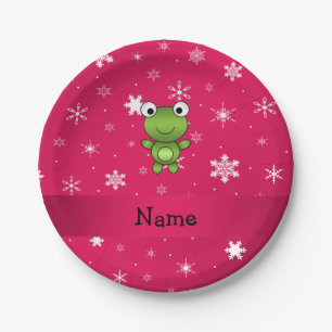 Plato De Papel Rana de nombre personalizada copos de nieve rosa