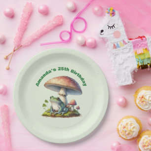 Plato De Papel Rana debajo de una seta cumpleaños lindo de la nat