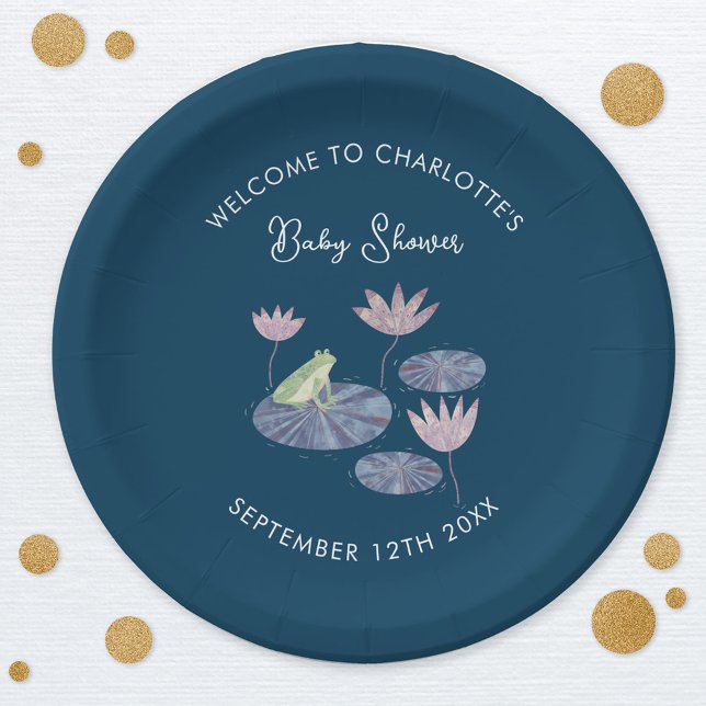 Plato De Papel Rana en un Baby Shower lirio (Cute frog personalized baby shower party paper plate)
