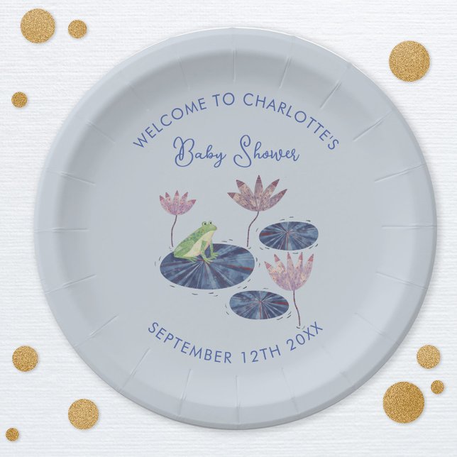 Plato De Papel Rana en un Baby Shower lirio (Cute frog baby shower personalized party paper plate)