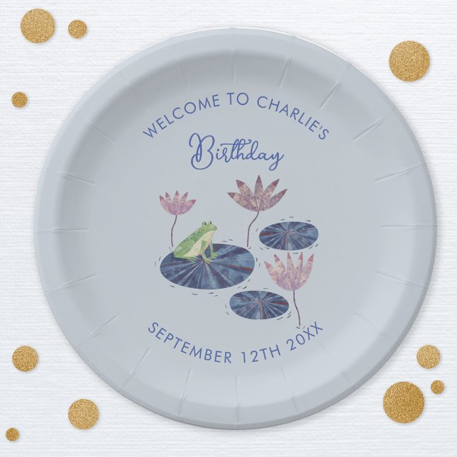 Plato De Papel Rana en un cumpleaños de Lily Pond Cute niños (Frog themed personalized custom text kids birthday party paper plates)