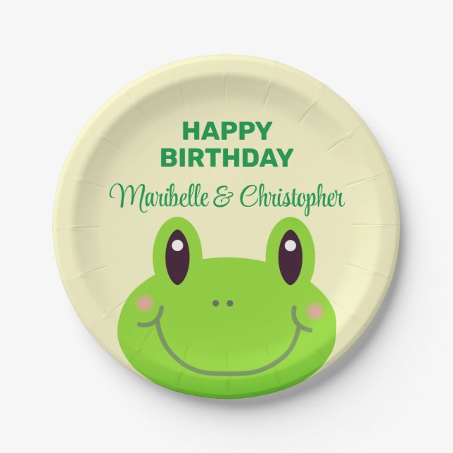 Plato De Papel Rana Feliz cumpleaños gemelos Crema Amarillo (Anverso)