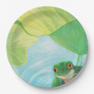 Plato De Papel Rana verde bajo Lily Pad