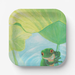 Plato De Papel Rana verde bajo Lily Pad