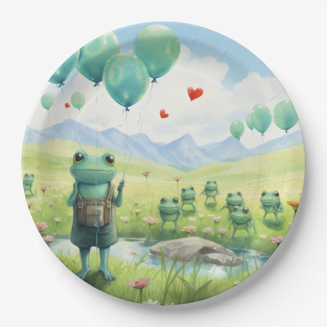 Plato De Papel Ranas alegres globos azules (Anverso)