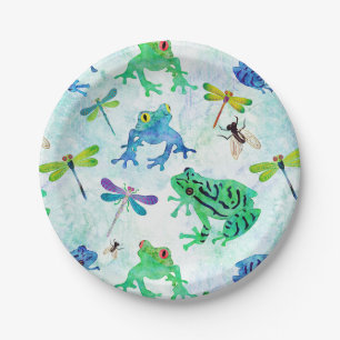 Plato De Papel Ranas de árbol acuarela libélula naturaleza