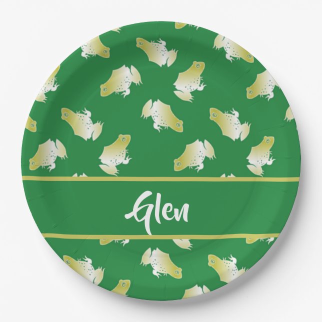 Plato De Papel Ranas doradas en verde (Anverso)