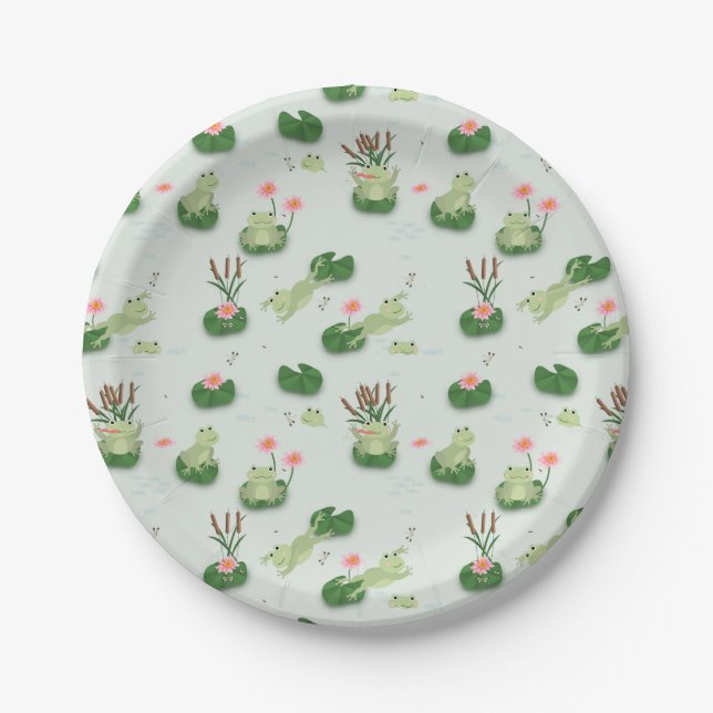 Plato De Papel Ranas Lindas en Estanque de Lirios (Anverso)