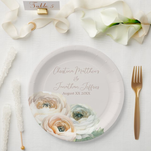 Plato De Papel Ranúnculo de melocotón romántico sobre marfil (Boda)