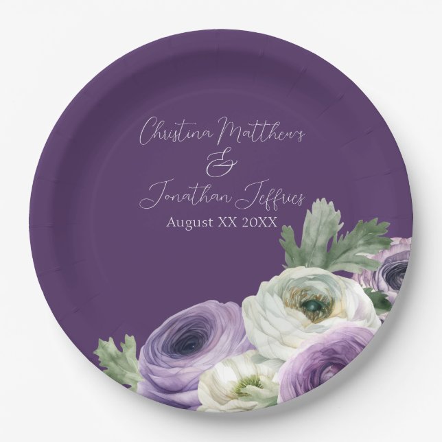 Plato De Papel Ranunculus de Acuarela Romántica sobre Púrpura Osc (Anverso)