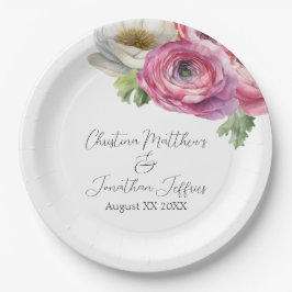 Plato De Papel Ranunculus Románticas de Acuarela Rosa y Blanco