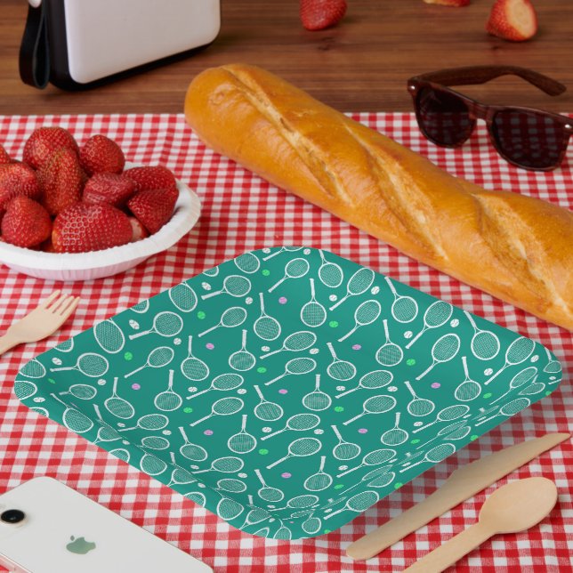Plato De Papel Raqueta de tenis y patrón de bolas Retro verde esm (Picnic)
