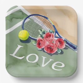 Plato De Papel Raqueta de tenis y pelota con palabra LOVE en la c