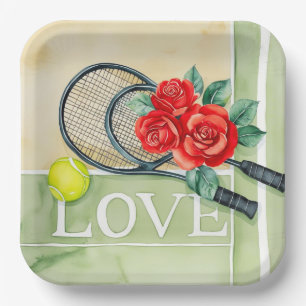 Plato De Papel Raqueta de tenis y pelota con palabra LOVE en la c