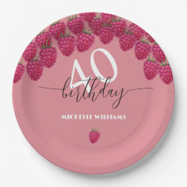 Plato De Papel Raspberry color de agua rosa caligrafía cumpleaños