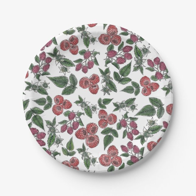 Plato De Papel Raspberry Fruit Leaves Illustration Pattern (Anverso)