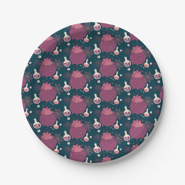 Plato De Papel Raspberry Pink cauldrons halloween (Anverso)