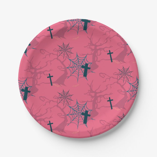 Plato De Papel Raspberry Pink spider, árbol tremendo y tumba (Anverso)