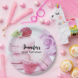 Plato De Papel Raspberry rosa Macarons Aniversario de la pasteler