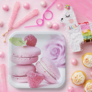 Plato De Papel Raspberry rosa Macarons Foto pastelería francesa