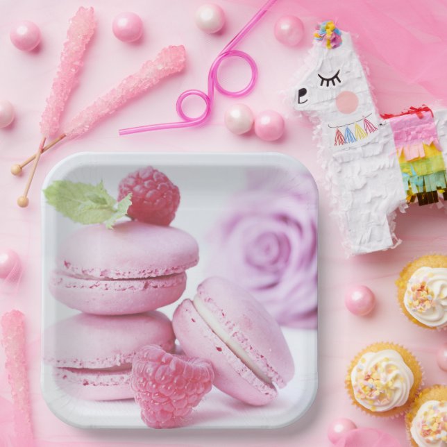 Plato De Papel Raspberry rosa Macarons Foto pastelería francesa (Fiesta)