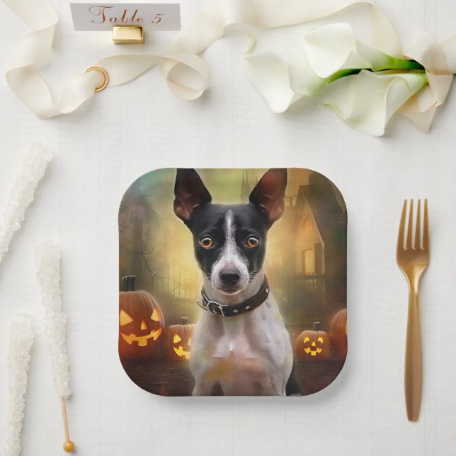 Plato De Papel Rat Terrier de Halloween con calabazas asustadas (Boda)