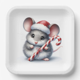 Plato De Papel Ratón Chubby con Navidades Candy Cane