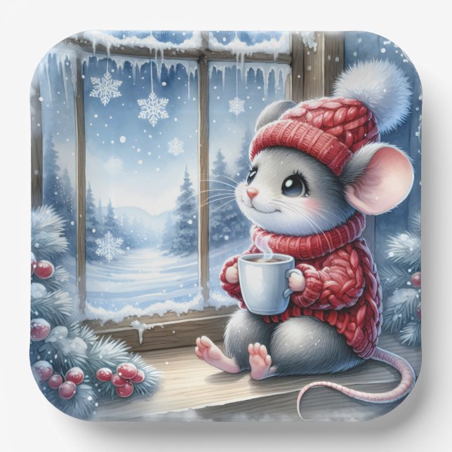 Plato De Papel Raton de Navidad en la Ventana (Anverso)