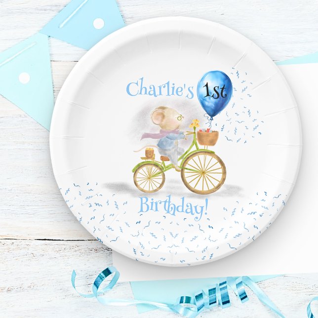 Plato De Papel Ratón lindo Bicicleta Animal Niño Primer Fiesta de (Cute Mouse Animal Riding Vintage Bicycle & 1st Birthday Party Balloon, Boy Invitation party plates)