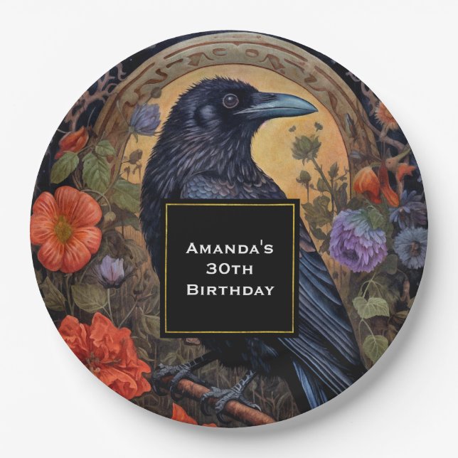 Plato De Papel Raven negro con flores Cumpleaños de diseño gótico (Anverso)