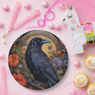 Plato De Papel Raven negro con flores de diseño gótico