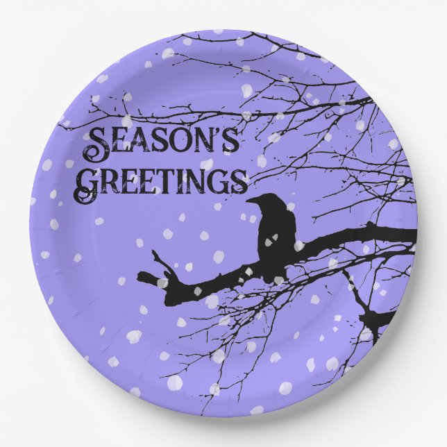Plato De Papel Raven Snow Winter Seasons Greetings (Anverso)