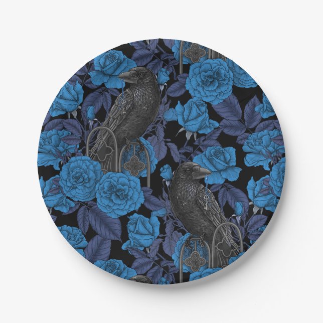 Plato De Papel Ravens y rosas azules (Anverso)