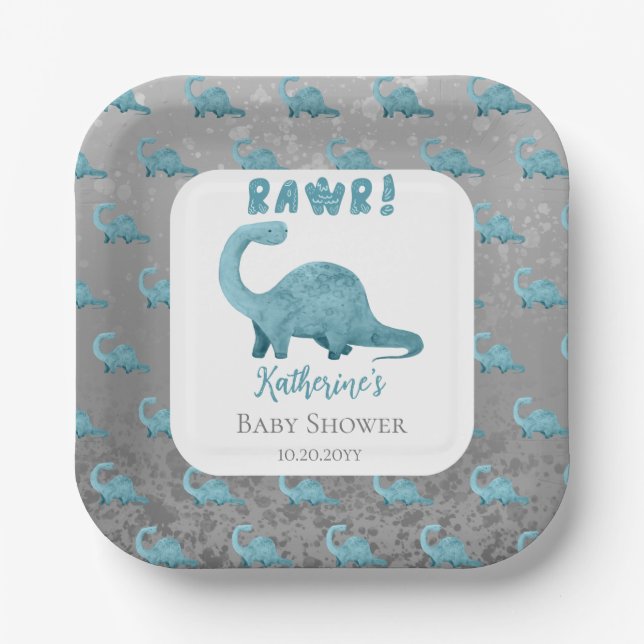 Plato De Papel Rawr Verde azulada Blue Dinosaur Boy Baby Shower (Anverso)