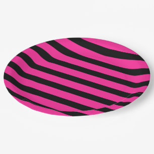 Plato De Papel Raya de moda rosa caliente y negro Fiestas