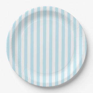 Plato de papel rayado azul pastel y blanco