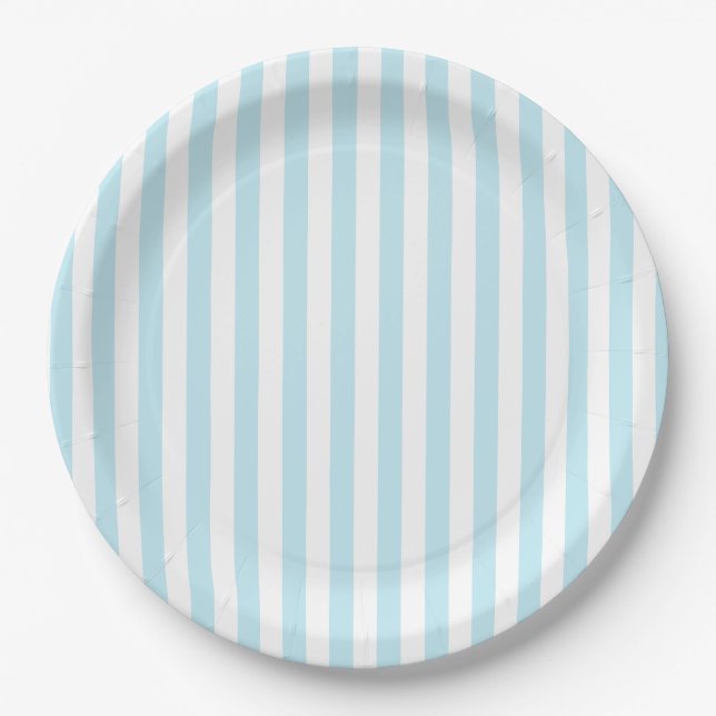 Plato de papel rayado azul pastel y blanco (Anverso)