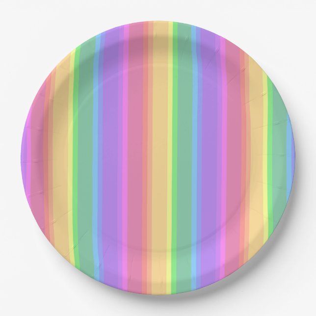 Plato De Papel Rayas arcoiris pastorales (Anverso)