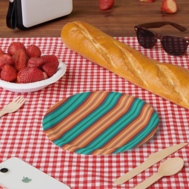 Plato De Papel Rayas arcoiris turquesa roja, Naranja suroeste (Picnic)