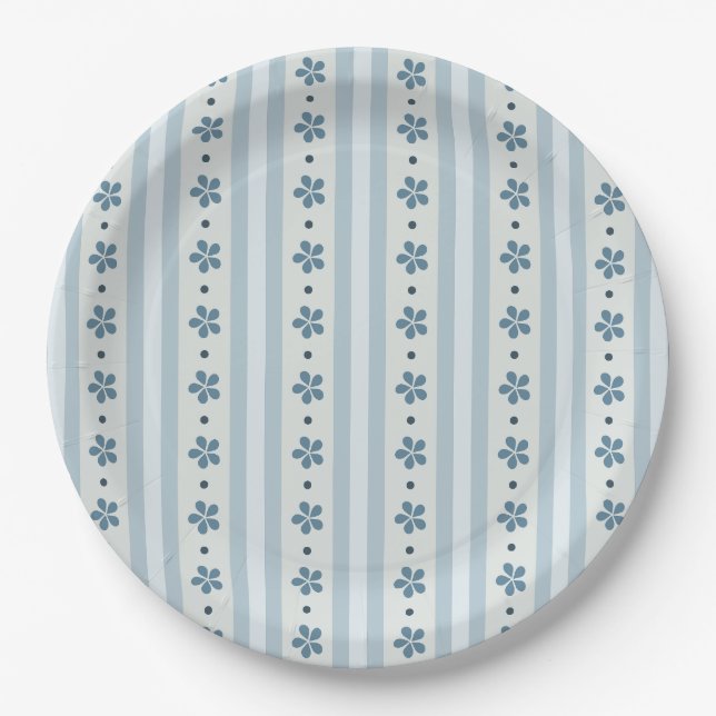 Plato De Papel Rayas Azules Claras y Flores (Anverso)