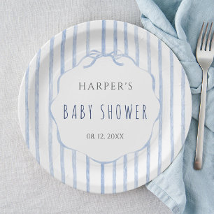 Plato De Papel Rayas Azules con Marco Escalonado para Baby Shower