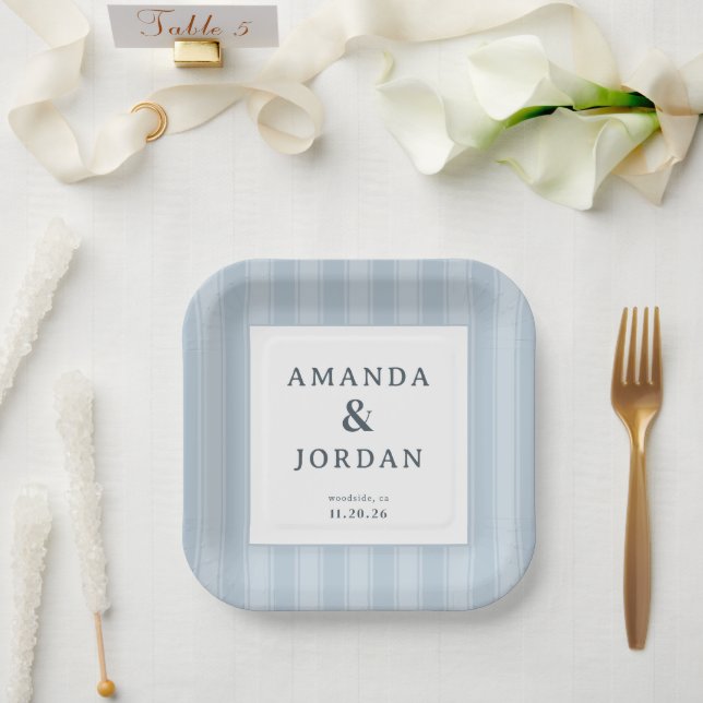 Plato De Papel Rayas Azules Elegantes (Boda)