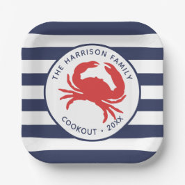 Plato De Papel Rayas Azules Marinas Cangrejo Rojo Náutico