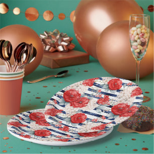 Plato De Papel Rayas Azules Rojo Blanco Floral Cumpleaños