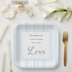 Plato De Papel Rayas Blancas Azul Claro Amor Boda 