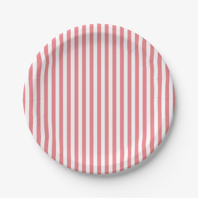 Plato De Papel Rayas Blancas Coral Rosa (Anverso)