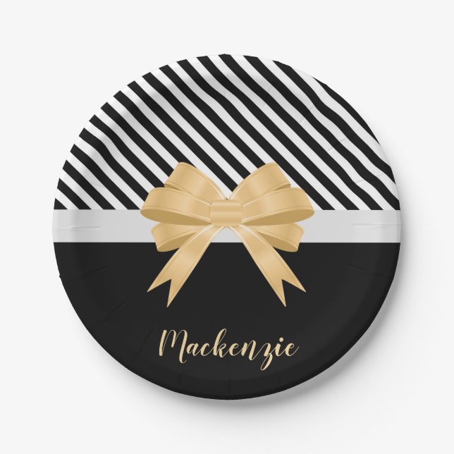 Plato De Papel Rayas blancas negras Goldem Bow (Anverso)