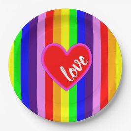 Plato De Papel Rayas clásicas de arcoíris con corazón Colorido