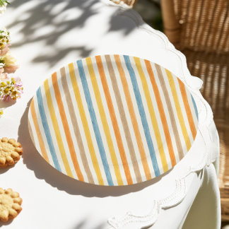 Plato De Papel Rayas Coloridas Cumpleaños 